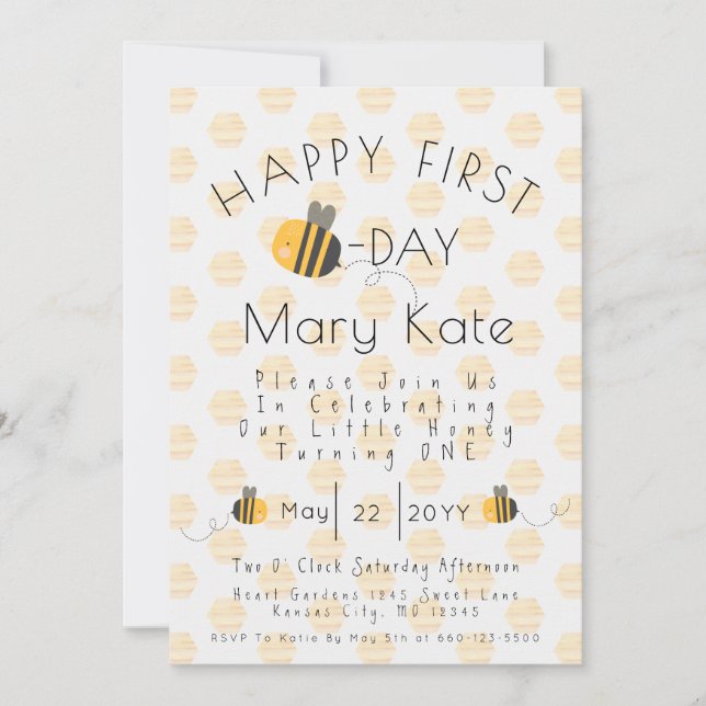 Invitación Cumpleaños personalizado adorable de abeja de miel (Anverso)