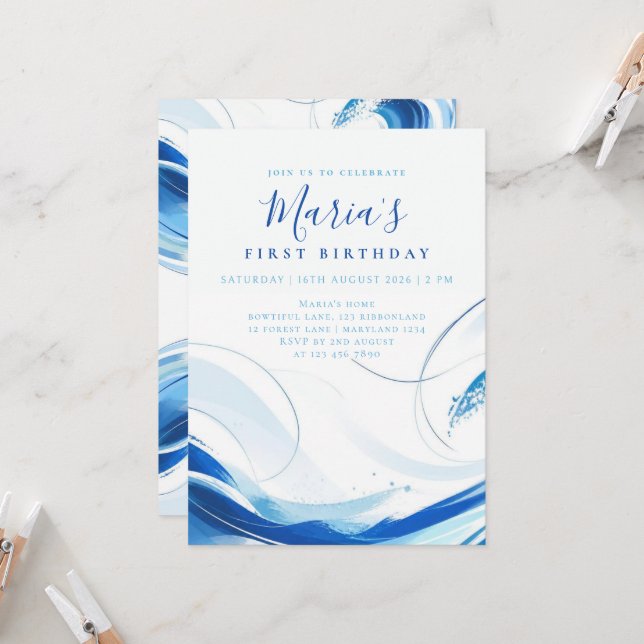 Invitación Cumpleaños personalizado azul abstracto onda prime (Anverso/Reverso In Situ)