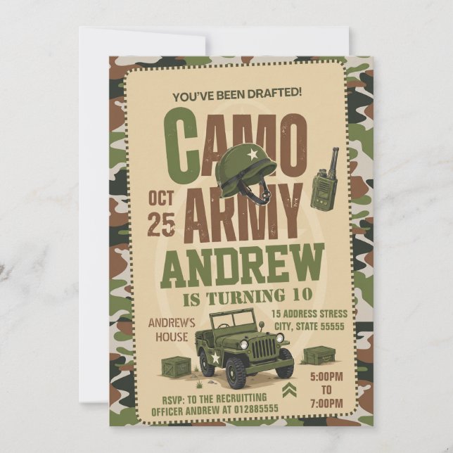 Invitación Cumpleaños Personalizado Camuflaje Militar Ejércit (Anverso)