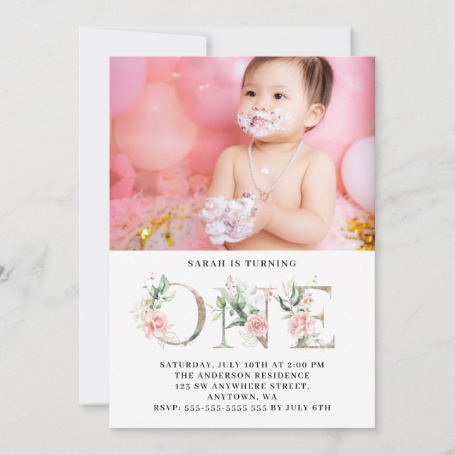 Invitación Cumpleaños personalizado de 1 año en rosa floral d (Anverso)