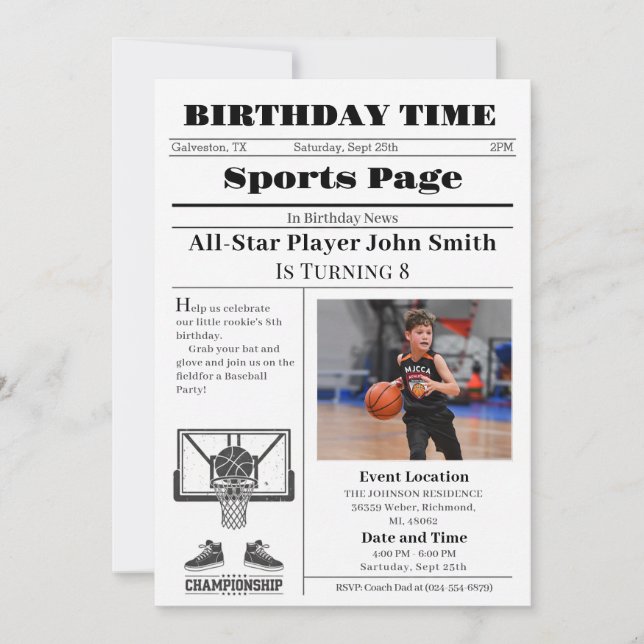 Invitación Cumpleaños Personalizado de Baloncesto con Foto (Anverso)