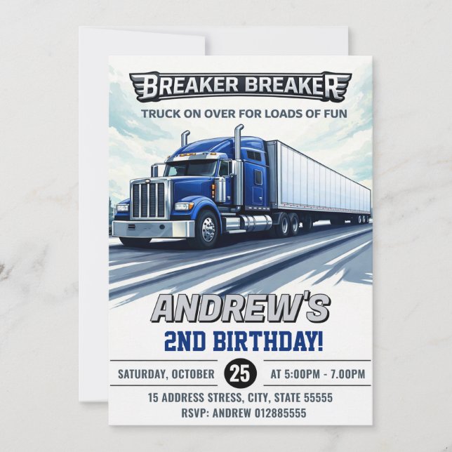 Invitación Cumpleaños Personalizado de Camión Semi (Anverso)