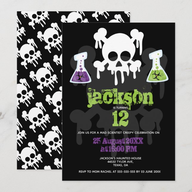 Invitación Cumpleaños personalizado de científico loco para n (Anverso / Reverso)
