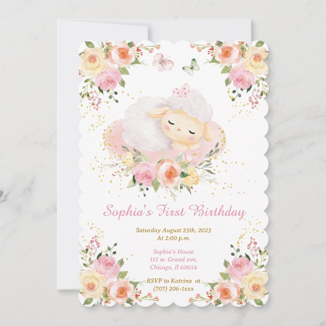 Invitación Cumpleaños personalizado de corderito niña 1er año (Anverso)