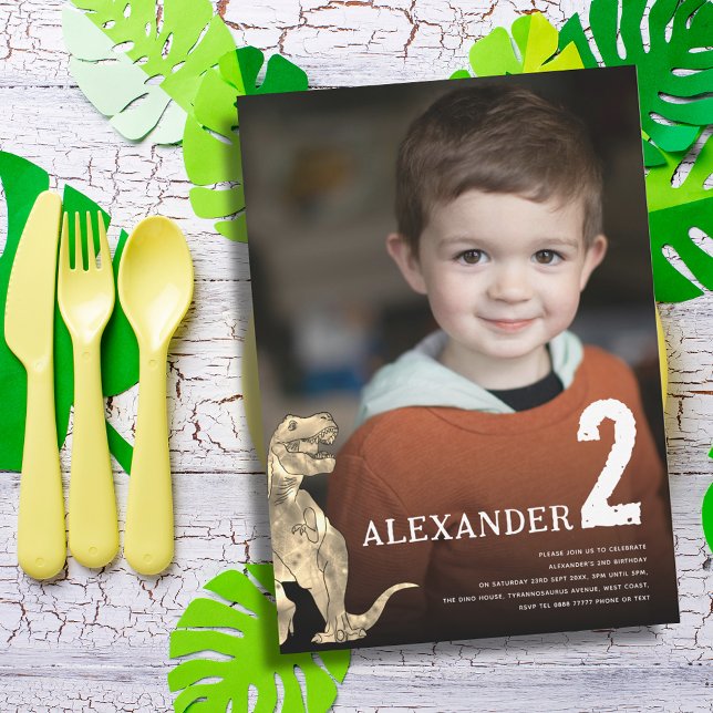 Invitación Cumpleaños Personalizado de Dinosaurio 2 Años Fies (Dinosaur T-Rex roar personalized photo 2nd birthday party invitation)