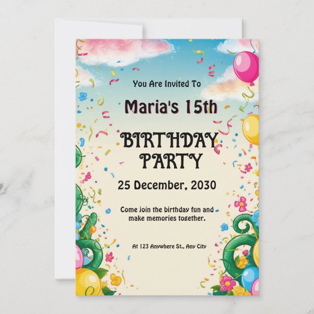 Invitación Cumpleaños Personalizado de Floral Balloona (Anverso)