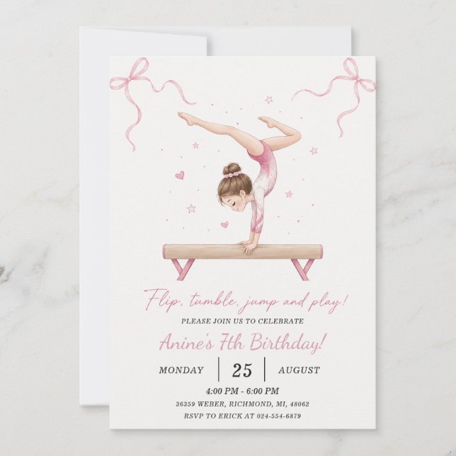 Invitación Cumpleaños personalizado de gimnasia  (Anverso)