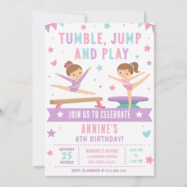 Invitación Cumpleaños personalizado de gimnasia (Anverso)