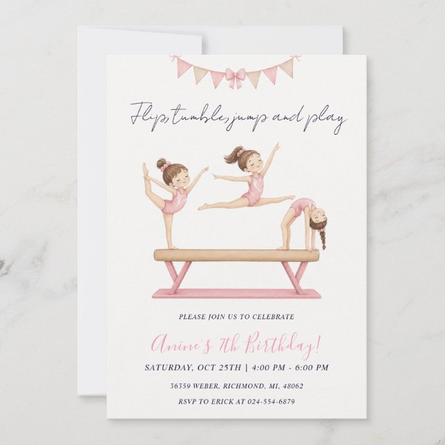 Invitación Cumpleaños Personalizado de Gimnasia Rosa  (Anverso)
