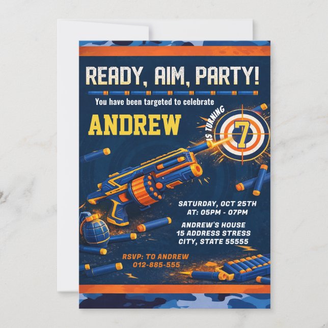 Invitación Cumpleaños personalizado de guerra de dardos Nerf  (Anverso)