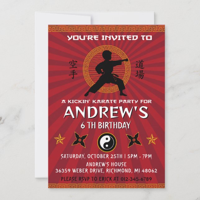 Invitación Cumpleaños personalizado de Karate Kung Fu (Anverso)