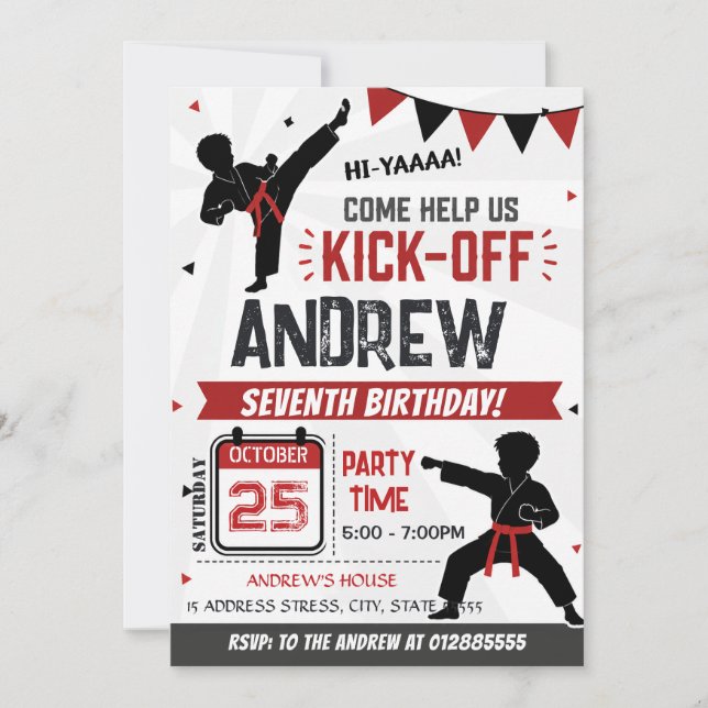 Invitación Cumpleaños personalizado de Karate moderno (Anverso)