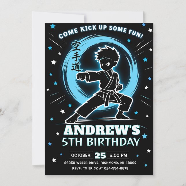 Invitación Cumpleaños personalizado de karate neón (Anverso)