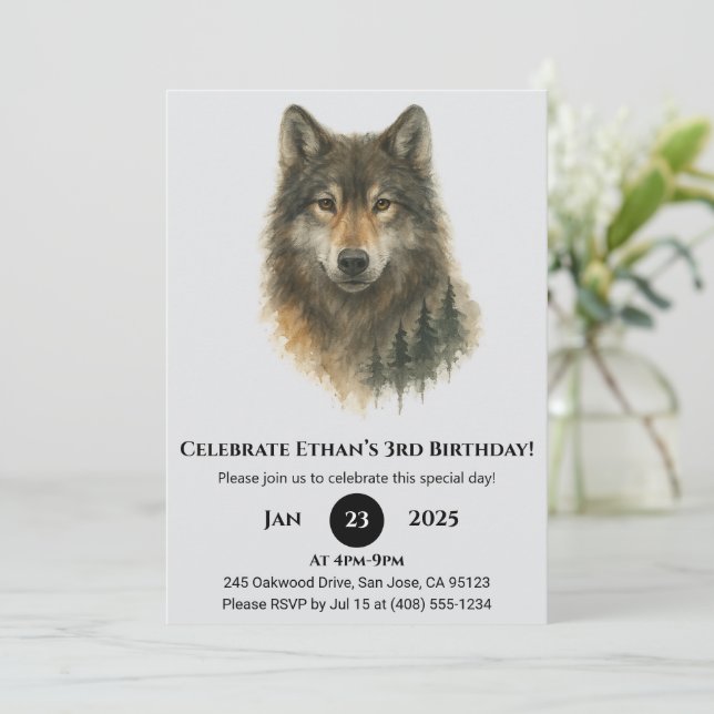 Invitación Cumpleaños personalizado de lobo acuarela  (Anverso de pie)