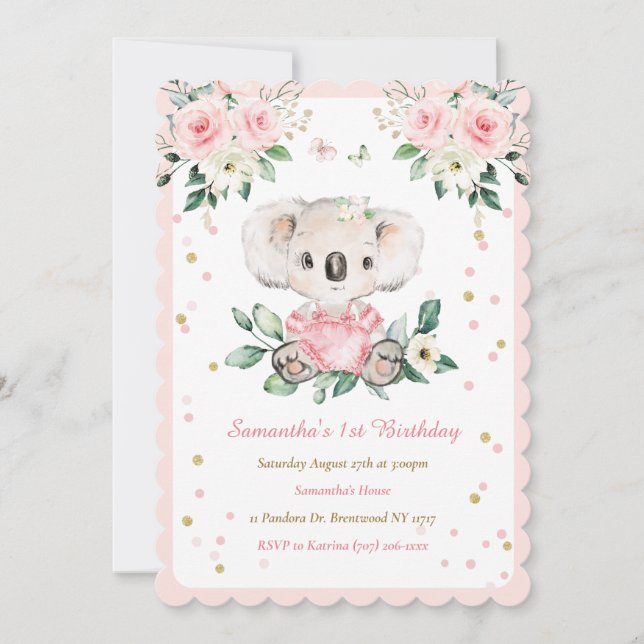Invitación Cumpleaños personalizado de niña con koala a la ed (Anverso)