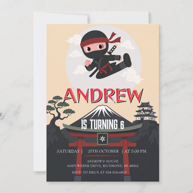 Invitación Cumpleaños personalizado de Ninja guerrero  (Anverso)