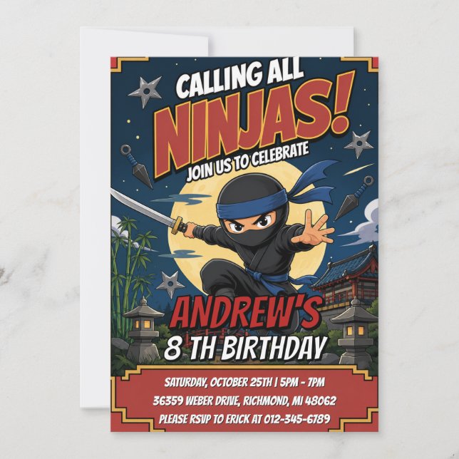 Invitación Cumpleaños personalizado de Ninja para niños Guerr (Anverso)