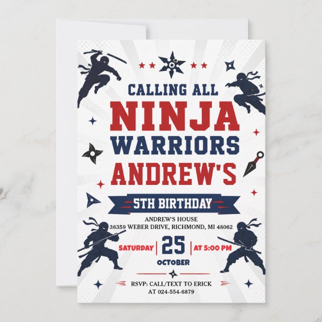 Invitación Cumpleaños personalizado de Ninja Warrior moderno (Anverso)
