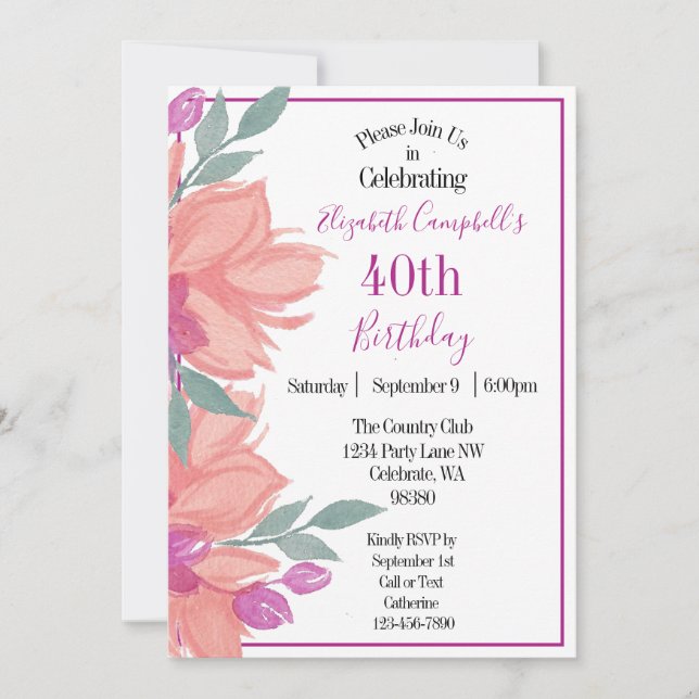 Invitación Cumpleaños personalizado de Pink Florals (Anverso)