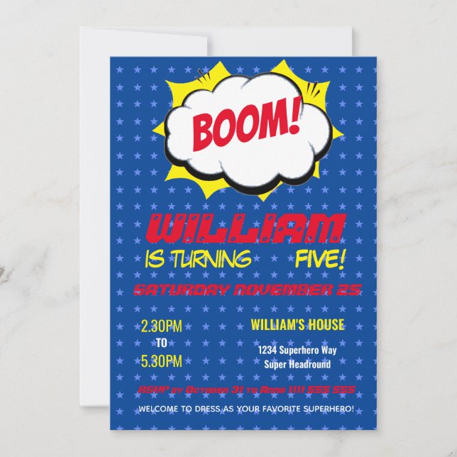 Invitación Cumpleaños Personalizado de Superhéroe Azul para N (Anverso)
