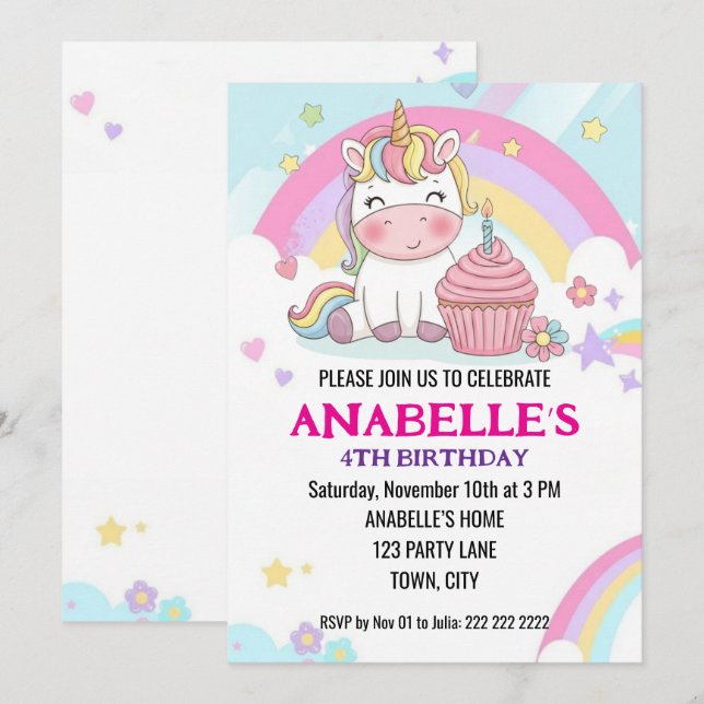 Invitación Cumpleaños Personalizado de Unicornio Mágico Arcoí (Anverso / Reverso)