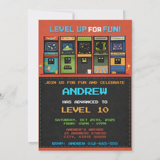 Invitación Cumpleaños personalizado de videojuegos de arcade (Anverso)