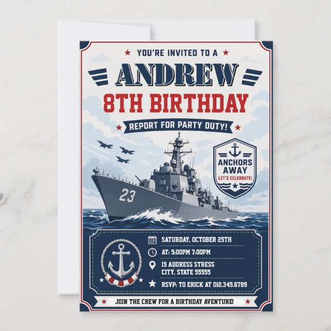 Invitación Cumpleaños Personalizado del Barco del Ejército de (Anverso)