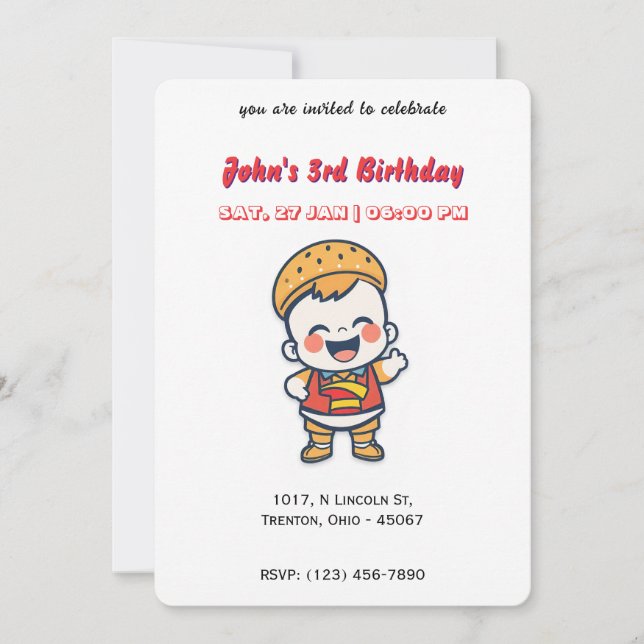 Invitación Cumpleaños Personalizado del Bebé Burger (Anverso)