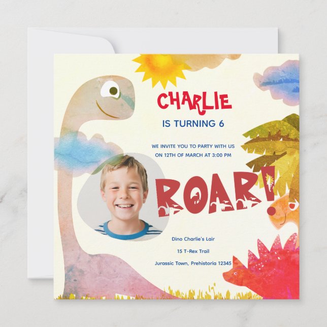Invitación Cumpleaños personalizado del dinosaurio ROAR (Anverso)