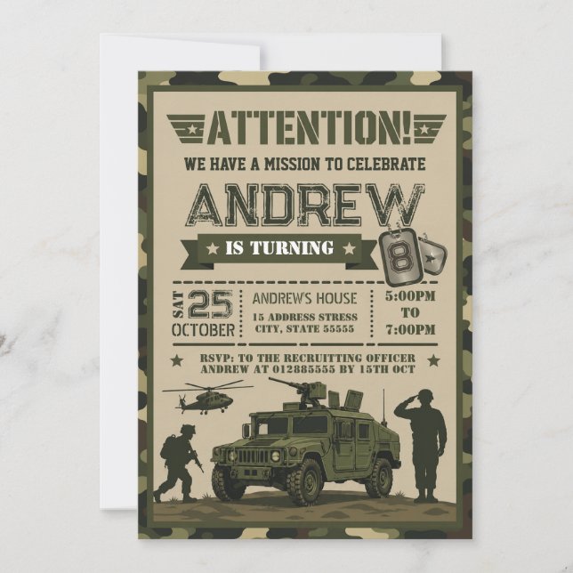 Invitación Cumpleaños personalizado del ejército moderno para (Anverso)