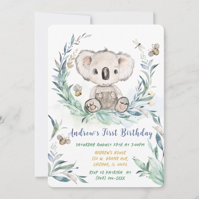 Invitación Cumpleaños personalizado del niño koala (Anverso)