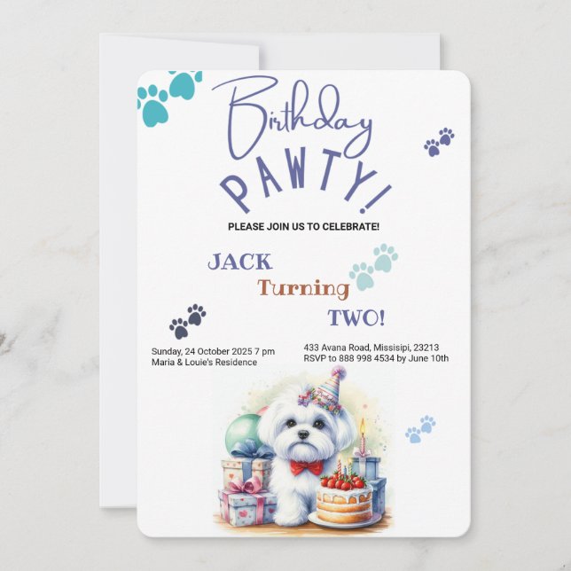 Invitación Cumpleaños personalizado del perro maltés con trap (Anverso)