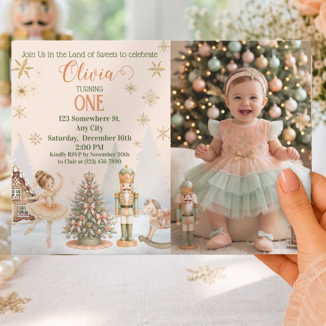 Invitación Cumpleaños Personalizado Dulce Uno Cascanueces Fot (Nutcracker Ballerina Photo Snow Globe Sweet One Invitation)