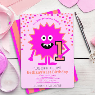 Invitación Cumpleaños personalizado Hot Pink Cute Little Mons