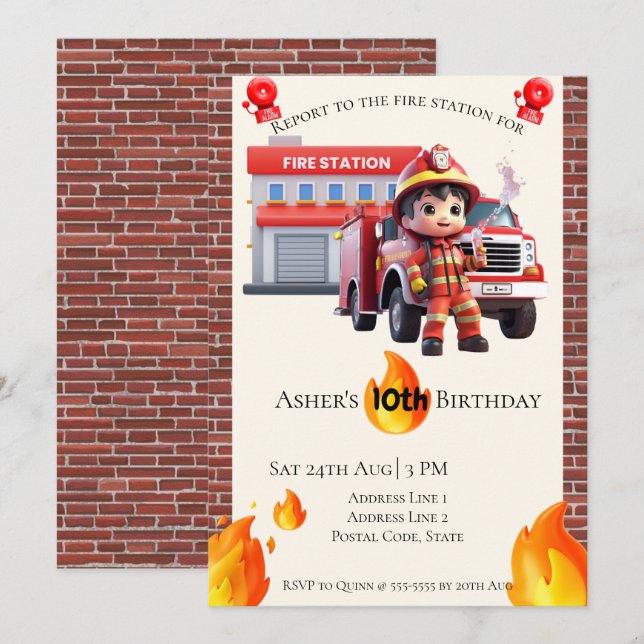 Invitación Cumpleaños personalizado lindo 3D Bombero Niño  (Anverso / Reverso)