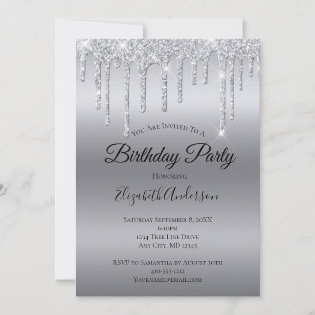 Invitación Cumpleaños Personalizado Plata Brillante  (Anverso)