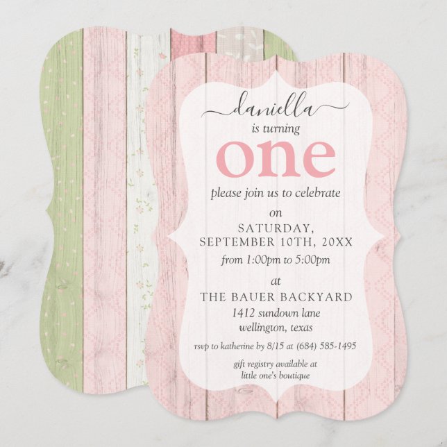 Invitación Cumpleaños personalizado Shabby Chic Rosa y Madera (Anverso / Reverso)