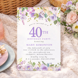Invitación Cumpleaños PETITE 40 Fiesta Flor de Rosa Púrpura