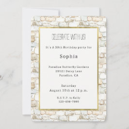 Invitación Cumpleaños Piedras Falsas Gris Blanco Crema