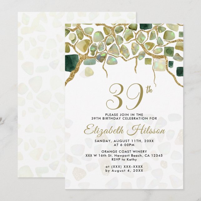 Invitación Cumpleaños Piedras Preciosas Falso Oro Blanco (Anverso / Reverso)