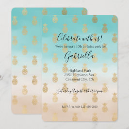 Invitación Cumpleaños Piñas Doradas Ombre Aguamarina Crema Me