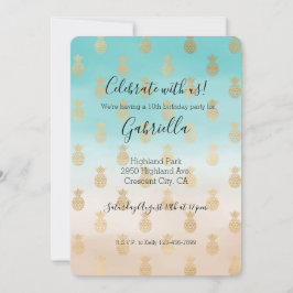 Invitación Cumpleaños Piñas Doradas Ombre Aguamarina Crema Me