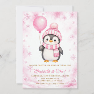 Invitación Cumpleaños Pingüino Invierno Rosa Copo de Nieve