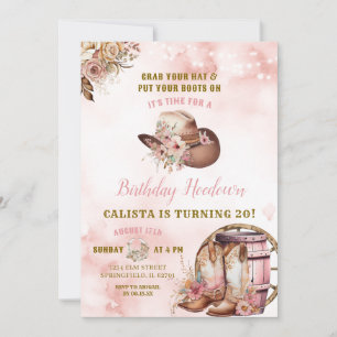 Invitación Cumpleaños Pink Brown Woods Cowgirl Hoedown