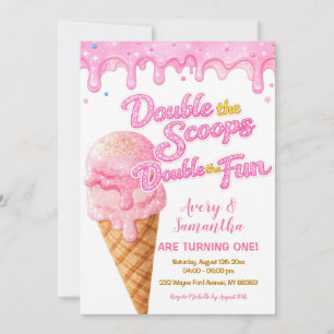 Invitación Cumpleaños Pink Double the Scoops Glitter Sparkle