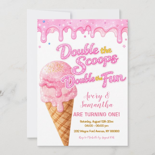 Invitación Cumpleaños Pink Double the Scoops Glitter Sparkle (Anverso)