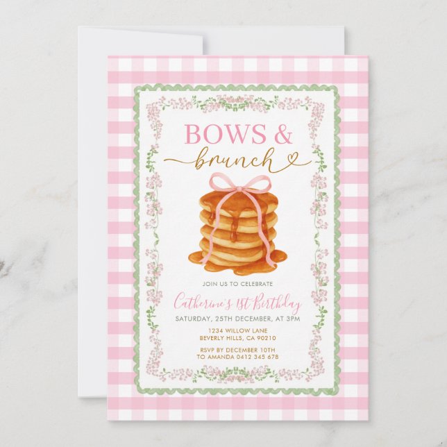 Invitación Cumpleaños Pink Pancake Bows & Brunch Grandmilleni (Anverso)