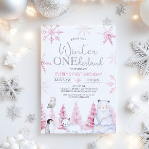 Invitación Cumpleaños Pink Silver Winter Animals Onederland