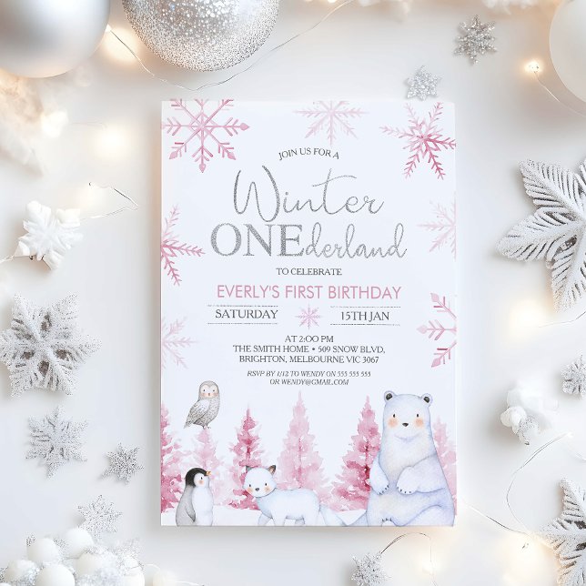 Invitación Cumpleaños Pink Silver Winter Animals Onederland (Winter Onederland Birthday Invitations Girl, Arctic Animals Winter Onederland Invitation, Pink )