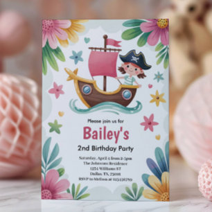 Invitación Cumpleaños Pirata de Niñas con Acuarela 2do